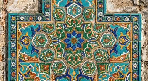 Exquisite mosaic of colorful ceramic tiles featuring intricate geometric and floral patterns on an aged surface