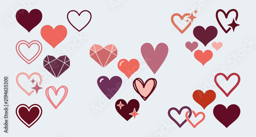 Valentine hearts icons collection geometric crystal hearts linear doodles and romantic love symbols
