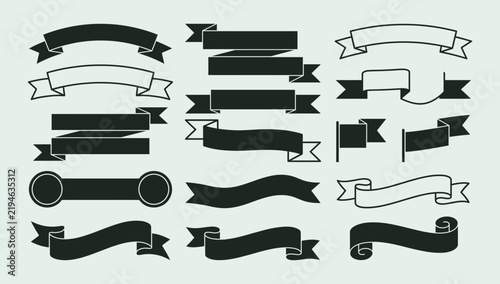 Black and white ribbon banners set vintage scroll ribbons hanging flags and header labels