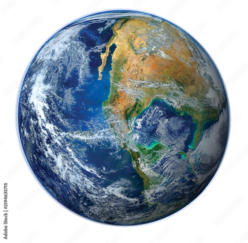 Fototapeta premium Planet Earth showing continents and oceans with atmospheric glow isolated on white background. Ideal for global ecology and environmental education concepts.