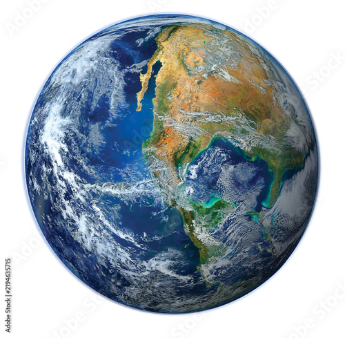 Foto Planet Earth showing continents and oceans with atmospheric glow isolated on white background