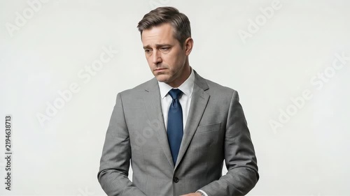 A bewildered businessman with his arms outstretched against a white background.
