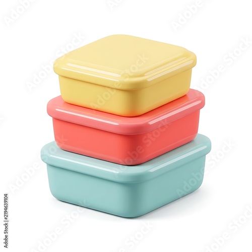 Stacked three pastel plastic food storage containers in yellow coral and blue isolated on white background