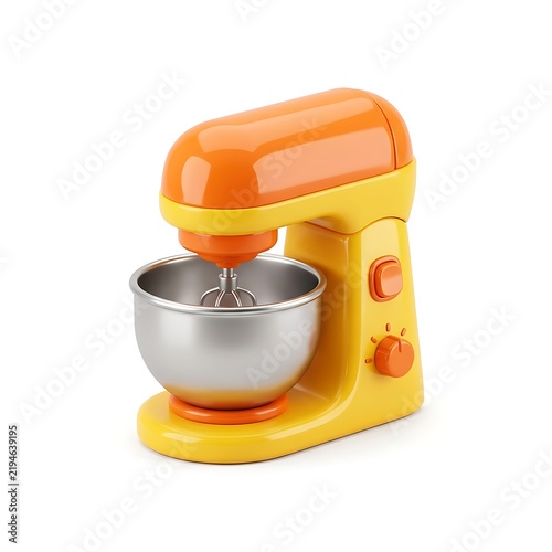 Orange yellow toy kitchen stand mixer with metal bowl 3D rendering isolated on white background