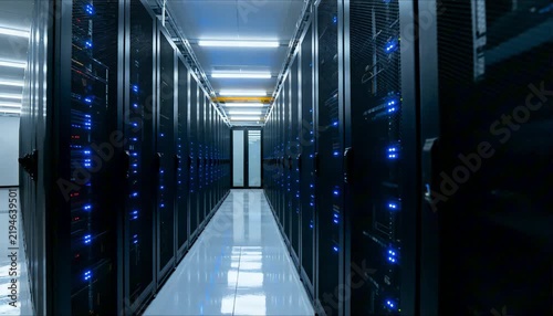 silent server aisle with tall black racks and blue lights