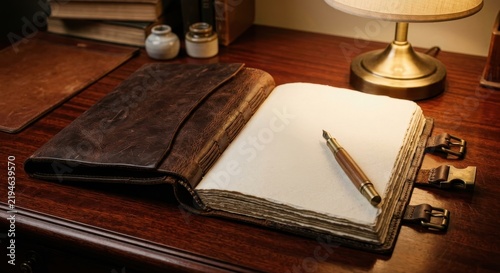 Handcrafted leather-bound journal with blank aged pages and a vintage pen on a polished wooden desk