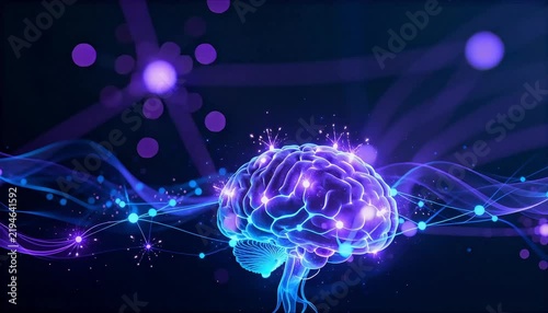 glowing neural network brain with blue and purple light nodes