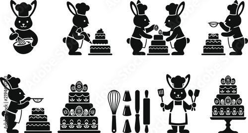 Easter Bunny Pastry Chef and Cake Decorating Icons Set, Baker Rabbit, Tiered Cake, Whisk, Piping Nozzle, Rolling Pin, and Confectionery Silhouettes Vector