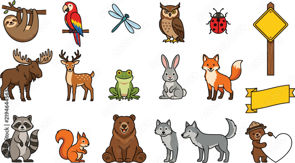 Obraz premium Cute Woodland and Wild Animal Vector Element Set featuring Bear, Fox, Wolf, Owl, Deer, and Sloth for Kids Education, Stickers, and Nature Designs