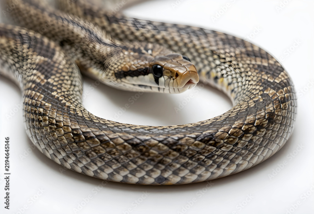 Obraz premium Wildlife and nature conservation, gopher snake coiled on a white background for biology education and herpetology research with detailed skin texture