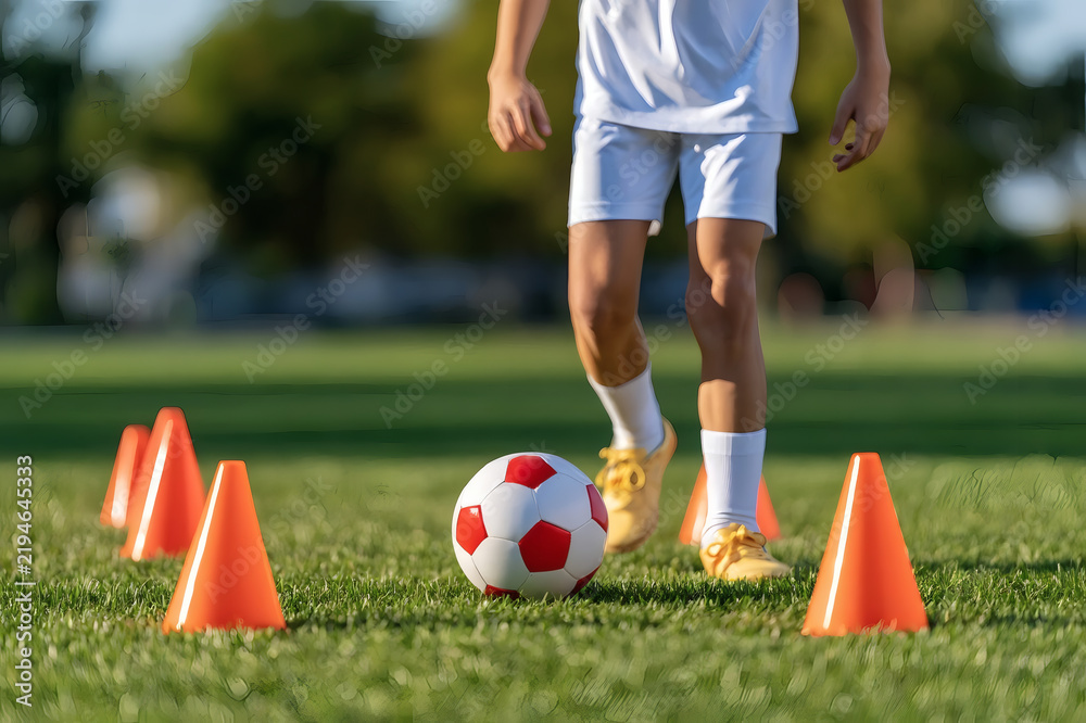 Obraz premium Young soccer player practicing dribbling skills with cones on a green field during training on a sunny day. Youth sports development and outdoor activity concept.