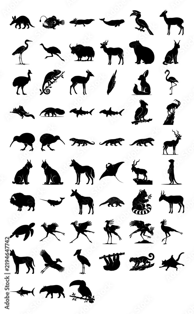 Fototapeta premium Set of 57 black animal silhouette vectors isolated on white