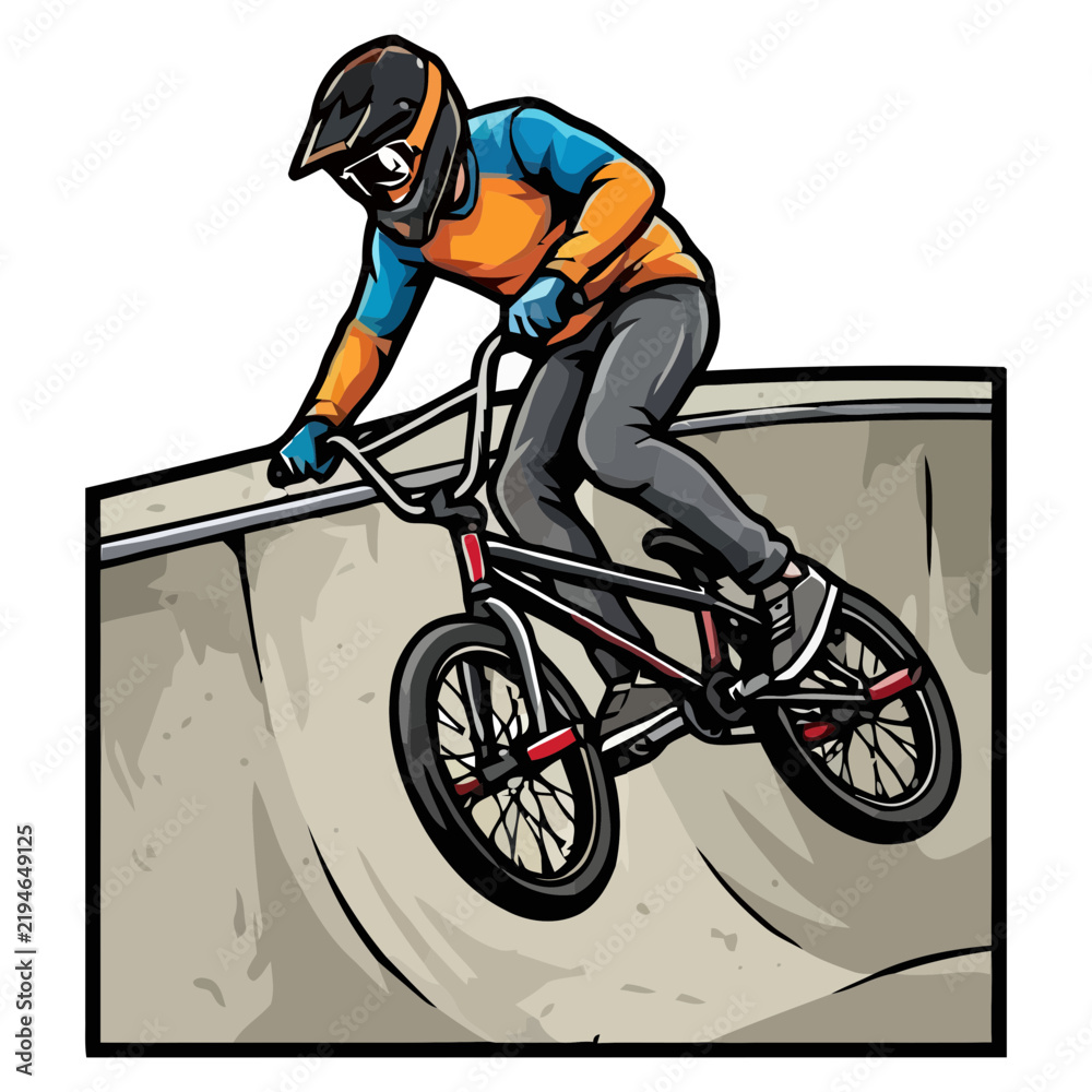 Obraz premium BMX Rider Performing Extreme Bike Trick on Concrete Ramp – Action Sports Vector Illustration