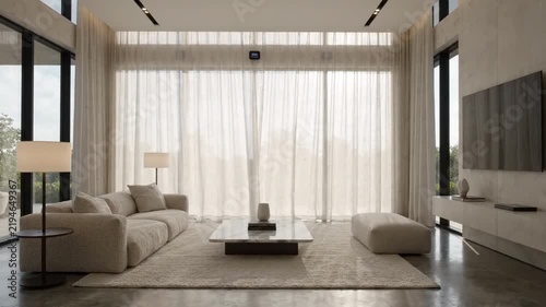 Modern minimalist living room with large windows and garden view