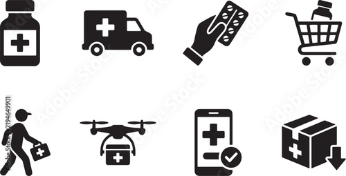 Healthcare Delivery Icons: Pharmacy, Ambulance, Drone, Courier, Shopping Cart