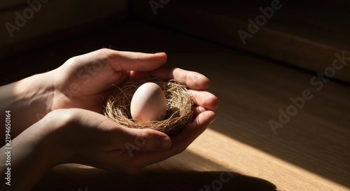 Human hands cradle a small bird's nest holding a single egg, illuminated by sunlight