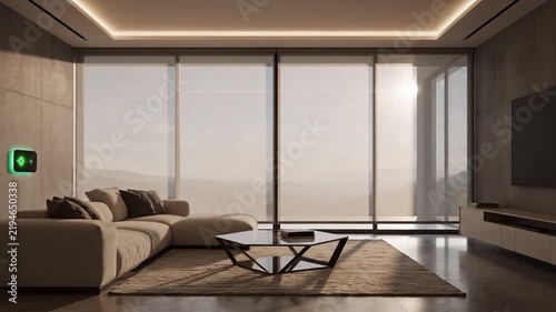 Modern minimalist living room with scenic mountain view