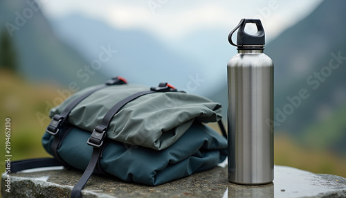 Essential hiking equipment including a reusable metal water bottle, technical backpack and rain jacket arranged on natural granite in an alpine setting