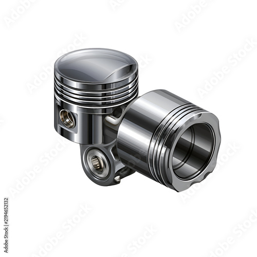 Detailed illustration of two shiny chrome pistons with connecting rods on a black background