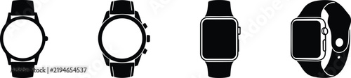 Black silhouette icons of various classic wristwatches and modern smartwatches shown in different views with smartwatch accessory wearable isolated