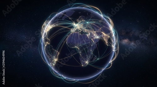 Global Network Interconnected Digital Cosmos Illustration.