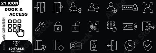 Open door line icon set. Login, logout, register, password, face recognition, key lock, exit minimal vector illustrations. Simple outline signs for access control. Blue duotone color. Editable Stroke.