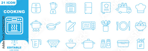 Kitchen, cooking line icons set. Air fryer, meal blender, oven, fridge, recipe cookbook, grocery delivery flat minimal vector illustrations. Simple outline signs. 48x48 Pixel Perfect. Editable Stroke.