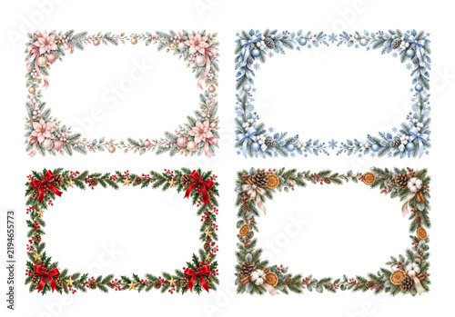 Watercolor Christmas Botanical Frame Set with Holiday Decorations