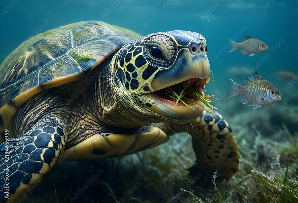 Fototapeta premium Marine conservation and ocean biodiversity, green sea turtle eating seagrass in coral reef habitat with tropical fish in clear blue underwater environment