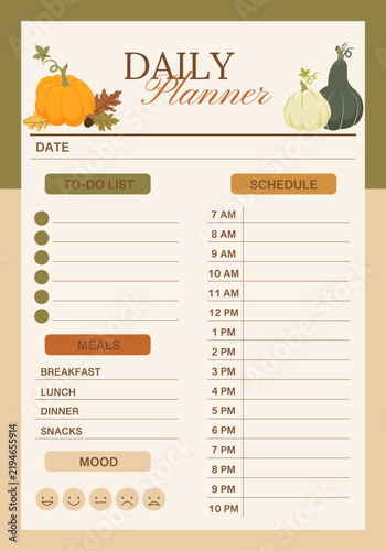 Autumn daily planner template, to do list, schedule, meals, mood tracker, pumpkin, fall leave design