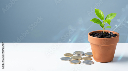 Business success refined financial still life with Healthy green seedling in a simple clay pot beside a compact group of coins, supporting clear strategic direction, with soft natural light