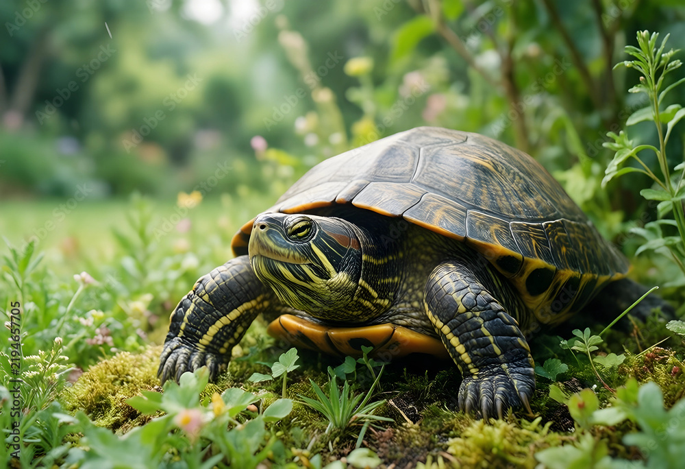 Obraz premium Biodiversity and wildlife conservation, red-eared slider turtle resting in a lush green garden with natural sunlight and soft focus background
