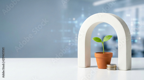 Professional planning concept with Cleceramic arch framing a young green sprout beside coins for sustainable future growth, with subtle contemporary depth