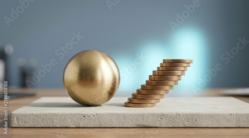 Business success refined financial still life with Brushed brass sphere beside ascending arrangement of coins for supporting business success, in a calm neutral setting