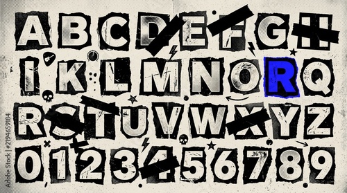 Set of uppercase letters and numbers in a stylized ransom note typography design with distressed textures and black ink tape accents