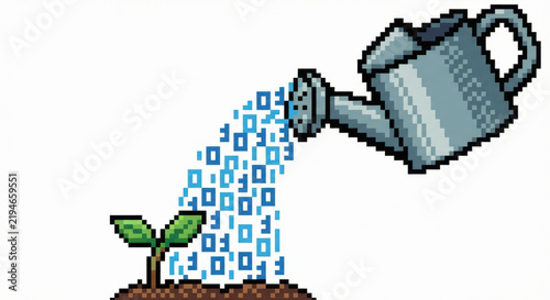 Pixel art watering can watering young plant with blue droplets