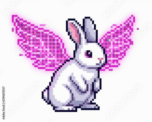 Pixel art winged rabbit with pink wings and gentle magical expression
