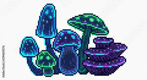 Pixel nature mushroom cluster with blue, green, and purple caps evoking magical forest scene