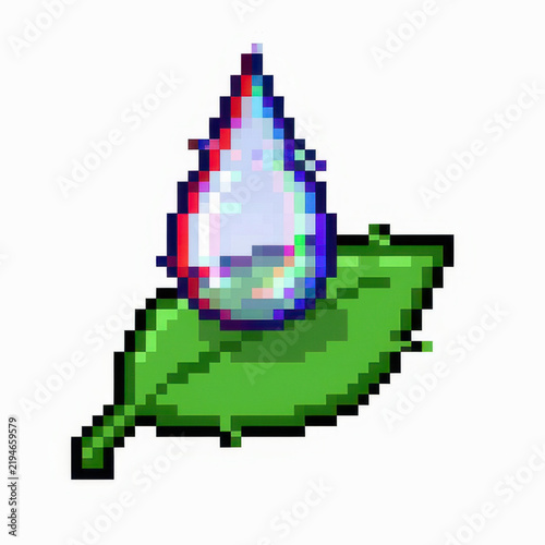 Pixel art water droplet on green leaf with colorful reflection