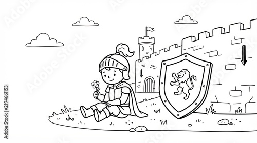 Little knight sitting with a flower near a castle wall coloring page