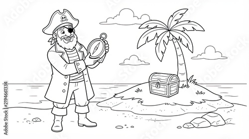 Happy pirate with a compass standing on a tropical island coloring page