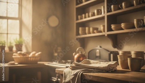 Rustic kitchen interior with wooden shelves, ceramic mugs, and warm morning sunlight streaming through a window onto a farmhouse counter with fresh bread, concept of rustic warmth and slow living