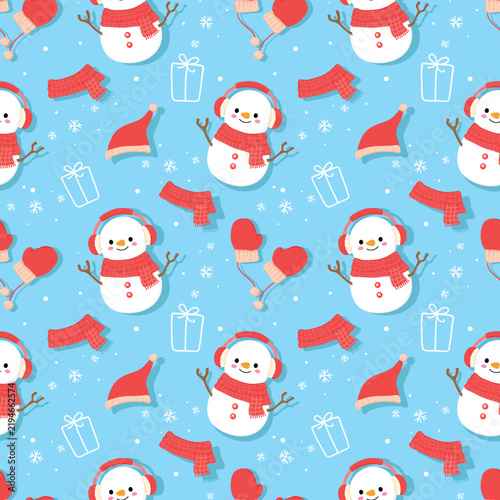 Cute Christmas seamless pattern featuring snowmen, scarves, mittens, Santa hats, snowflakes and gift boxes on a blue background.