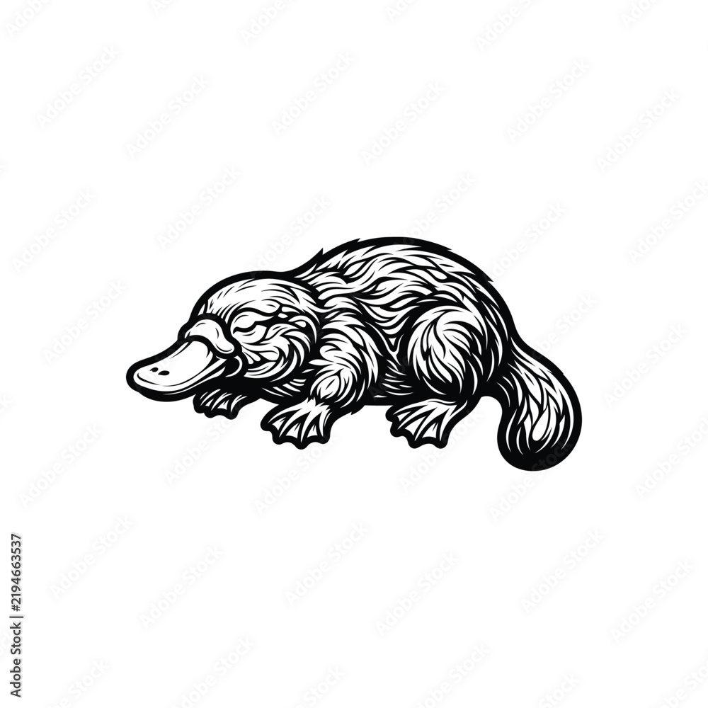 Fototapeta premium Black and white line art illustration of a cute platypus standing in a simple profile view