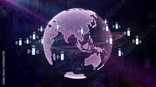 global mobile communication network, luminous digital globe surrounded by interconnected smartphone icons and wireless signal waves, flowing data particles traveling across continents, 