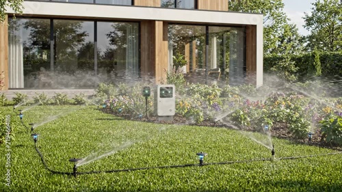 Smart automated garden irrigation system watering lawn and flower beds