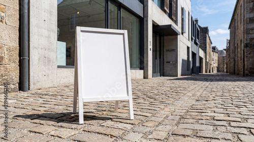 White Blank Sandwich Board Standing On Cobblestone Street