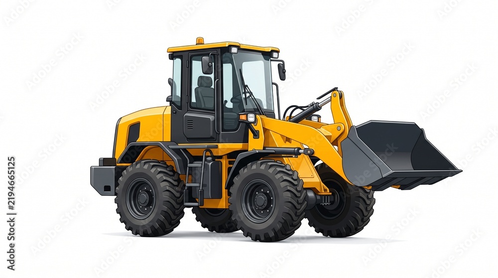 Fototapeta premium Robust yellow wheel loader for heavy construction projects and earthmoving tasks, featuring a powerful bucket and strong tires, isolated on a clean white background