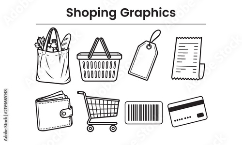 Grocery Supermarket Shopping and Retail Checkout Icons - Basket Cart Receipt Vector Set