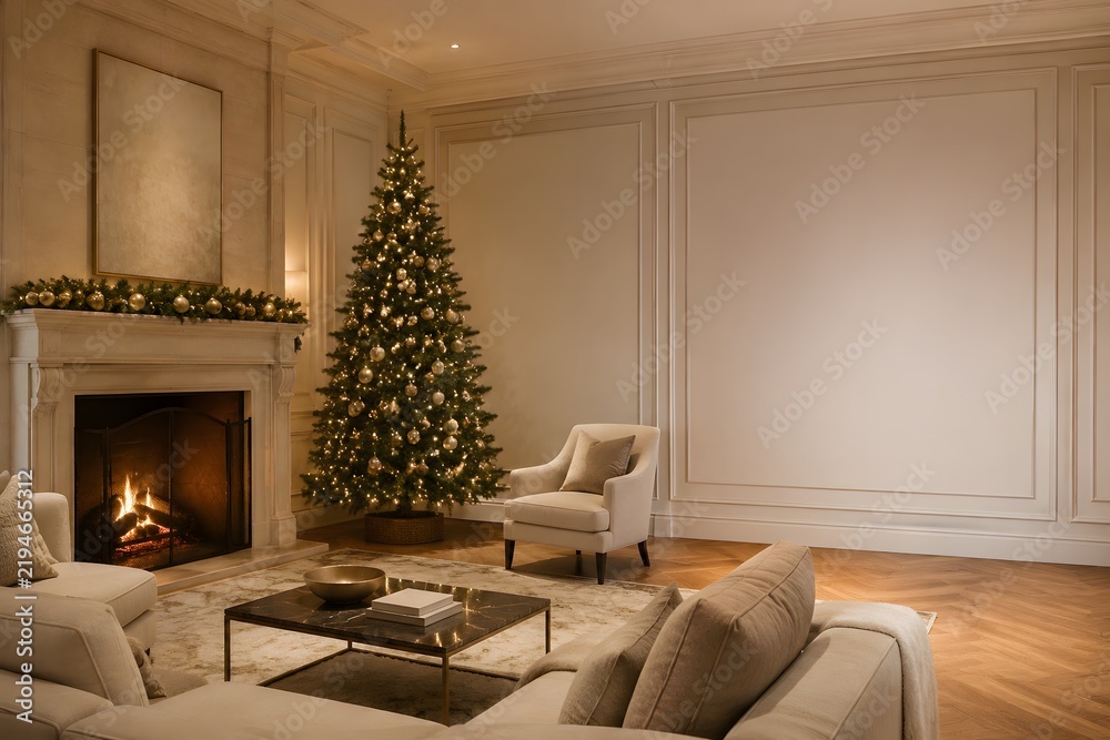 Fototapeta premium 暖炉とツリーのある高級クリスマス室内背景
